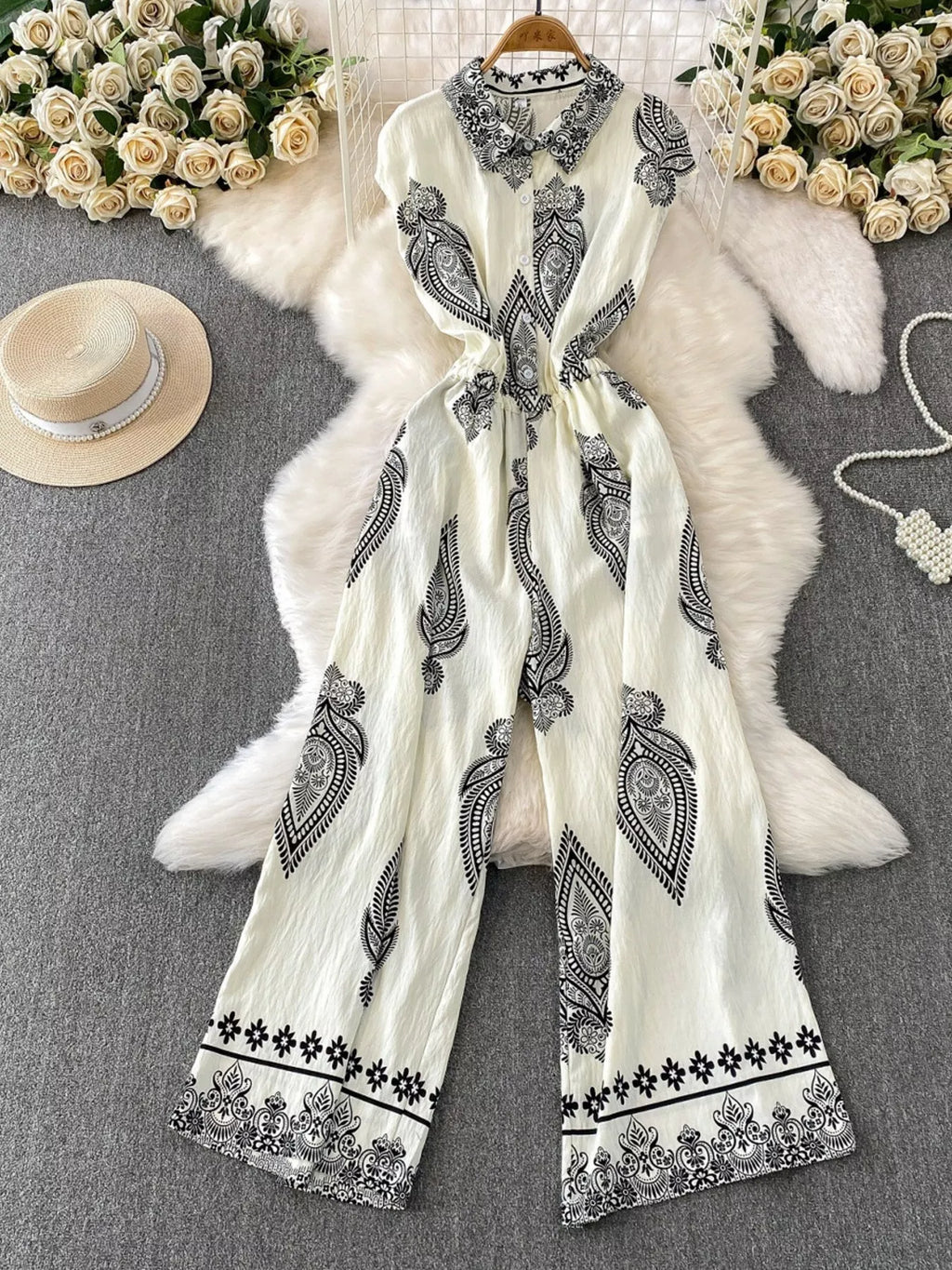 Button Front Wide Leg Jumpsuit