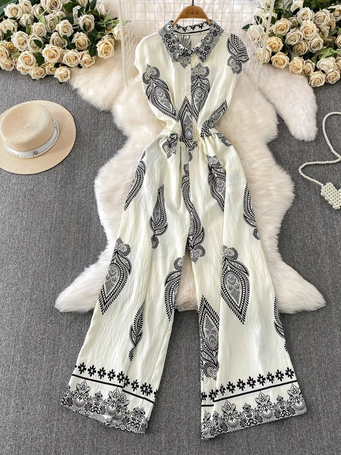 Button Front Wide Leg Jumpsuit