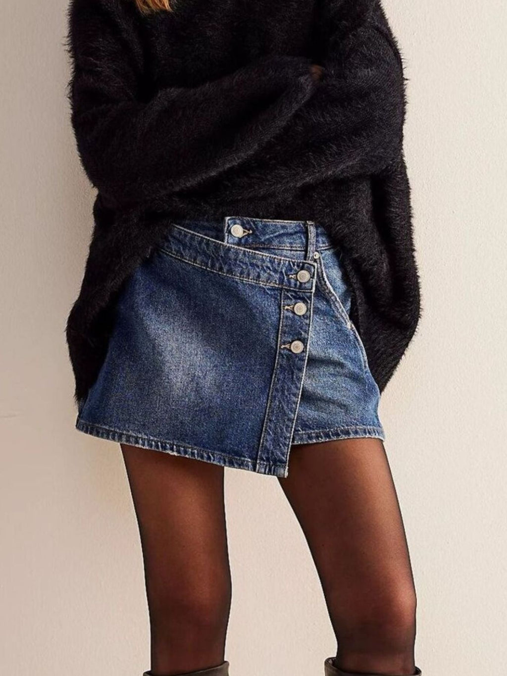 Asymmetrical Button-Front Denim Skirt