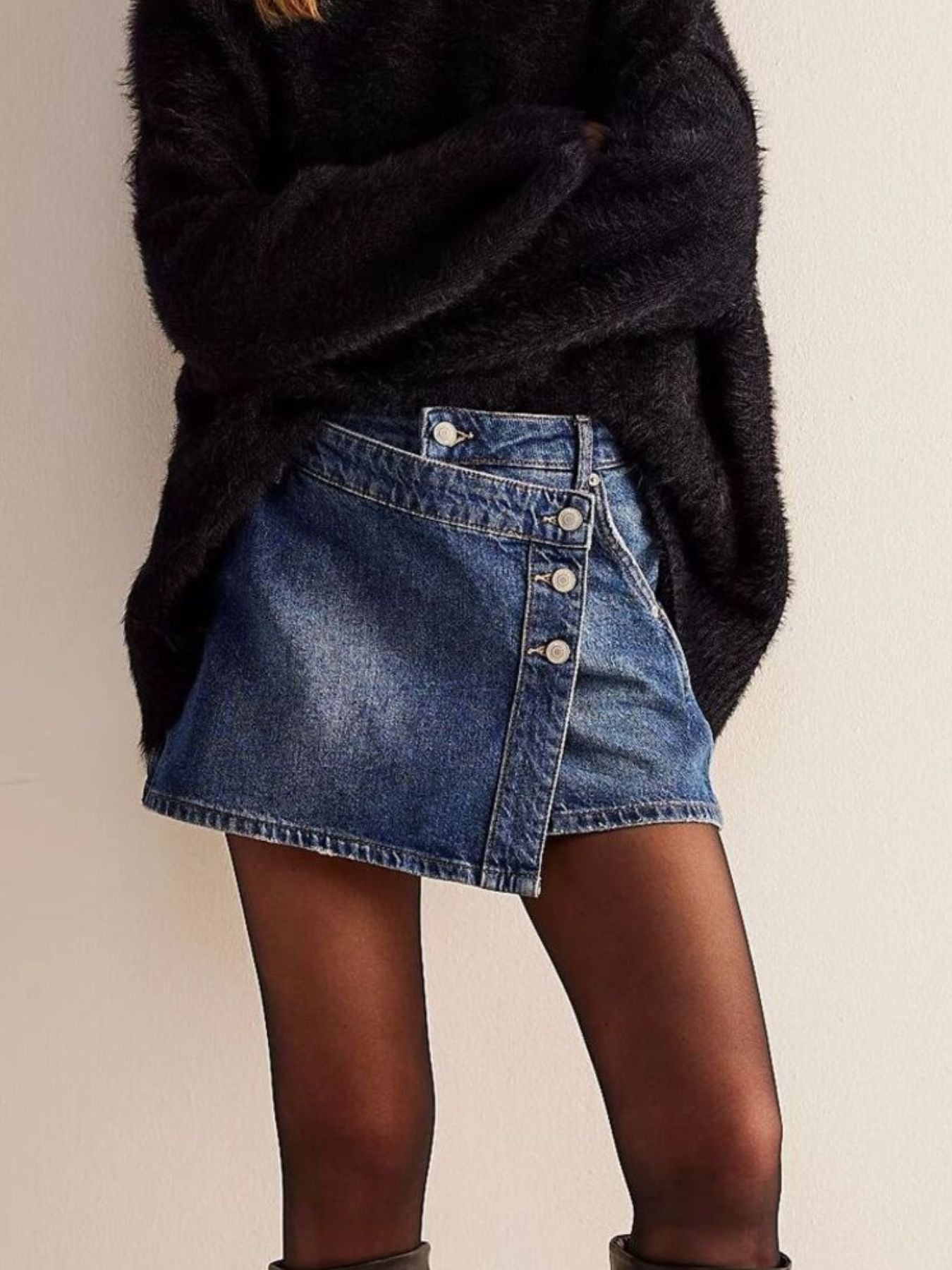 Asymmetrical Button-Front Denim Skirt