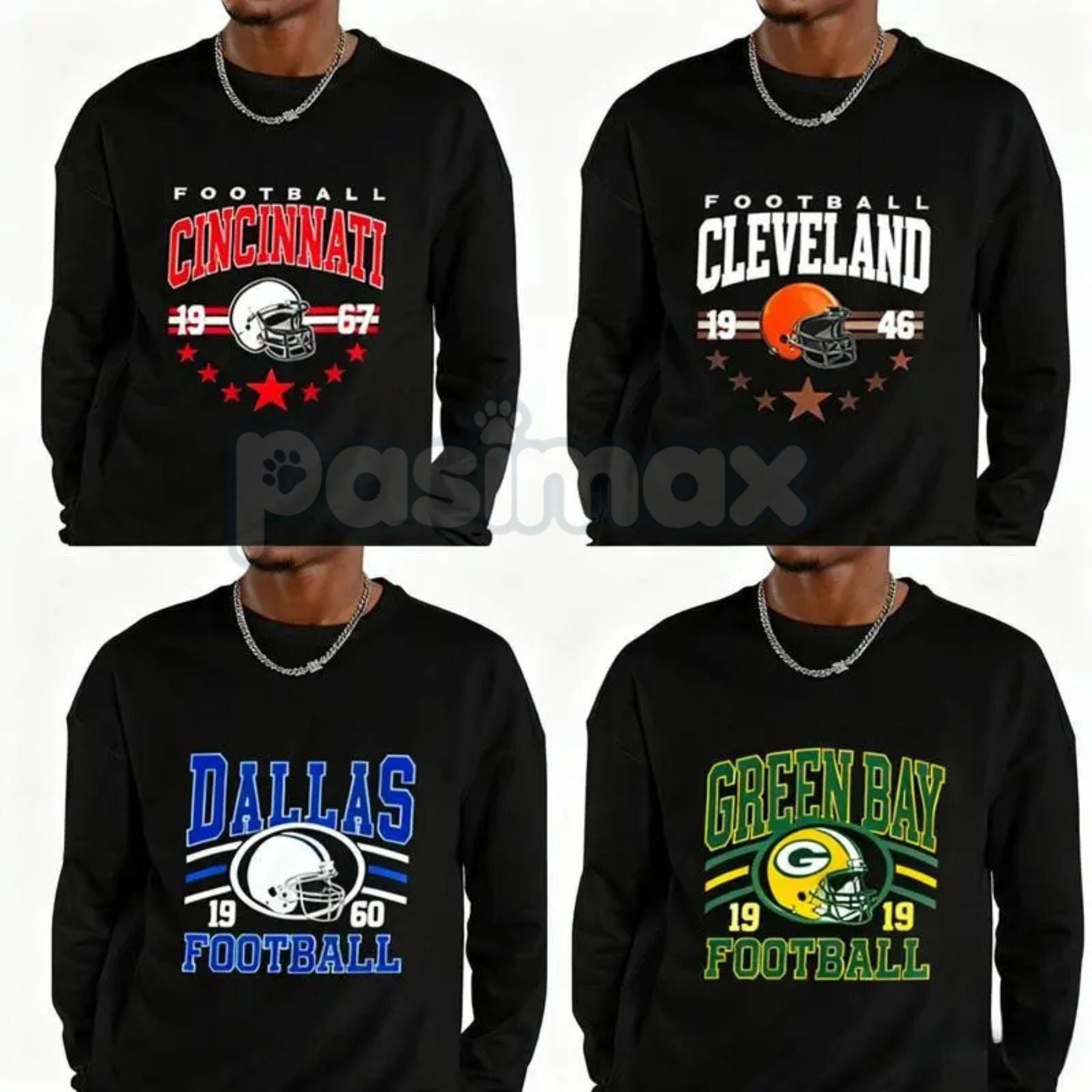 Pasimax 90s All Team Football Sweatshirt – Vintage 1960s Retro Fan Crewneck — main product shot