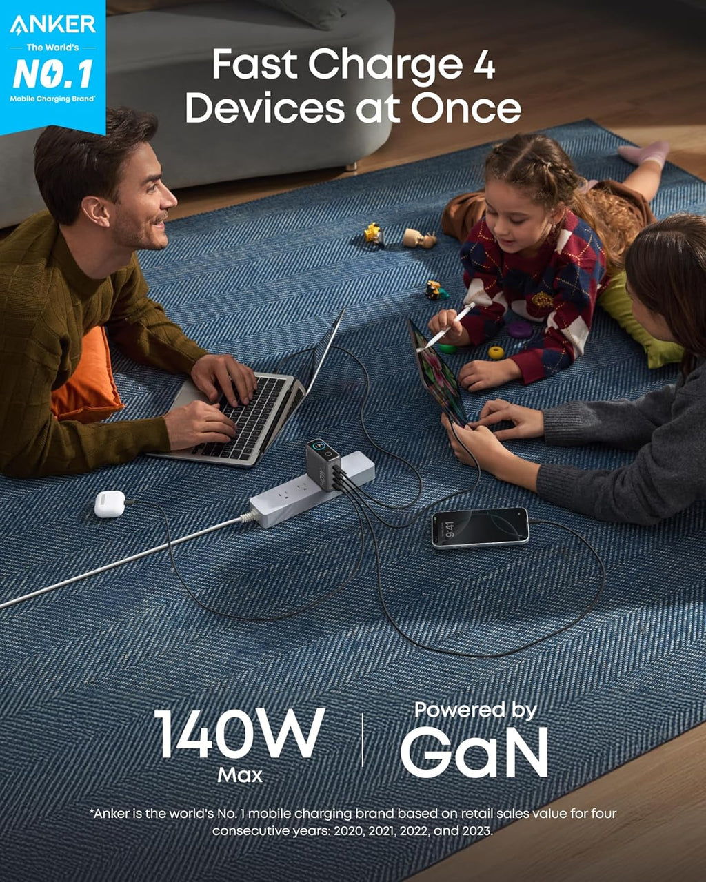Anker Charger (140W, 4-Port, PD 3.1) with USB-C Cable, view 2