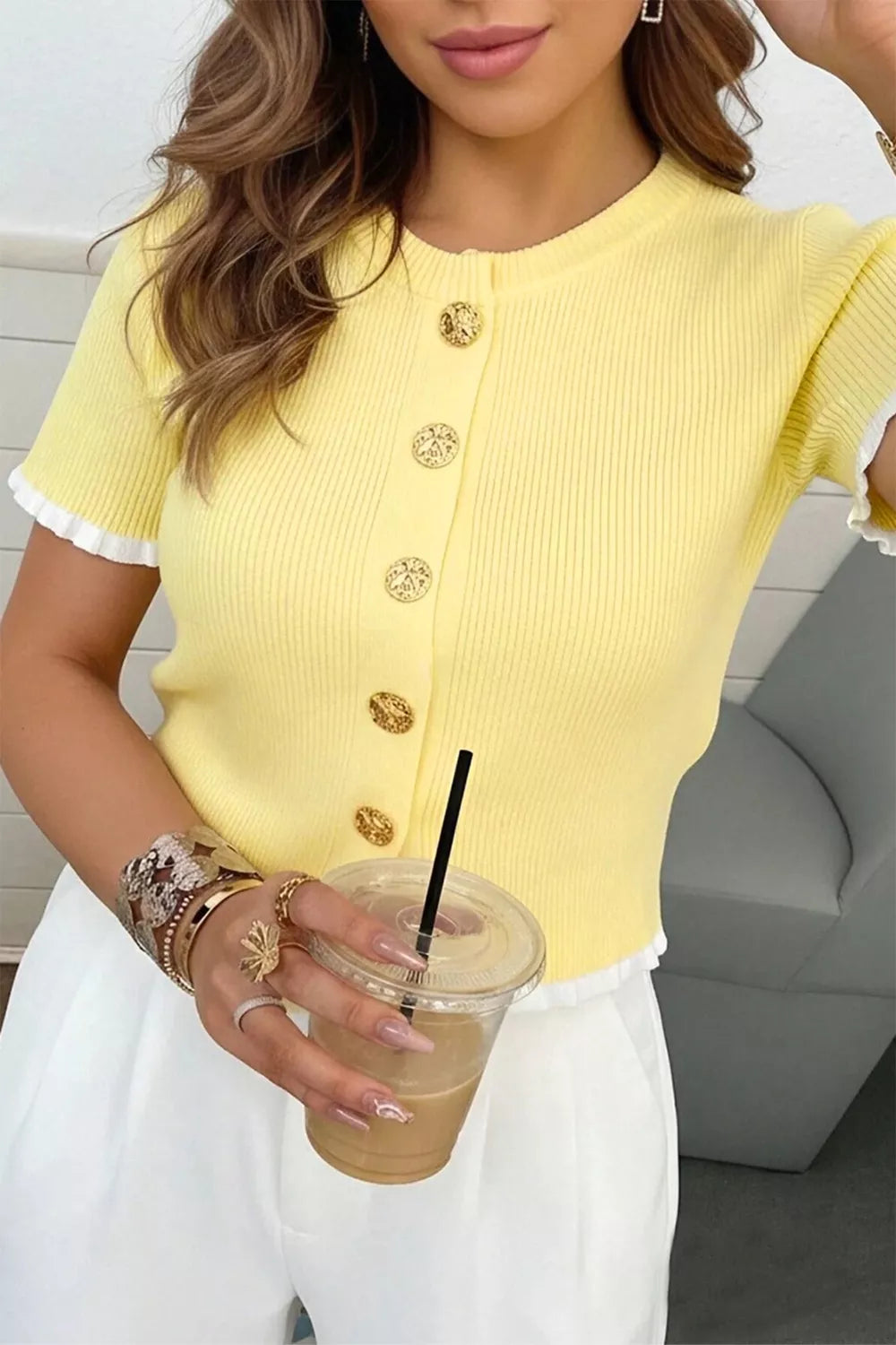 Ribbed Knit Contrast Frilled Short Sleeve Sweater Cardigan