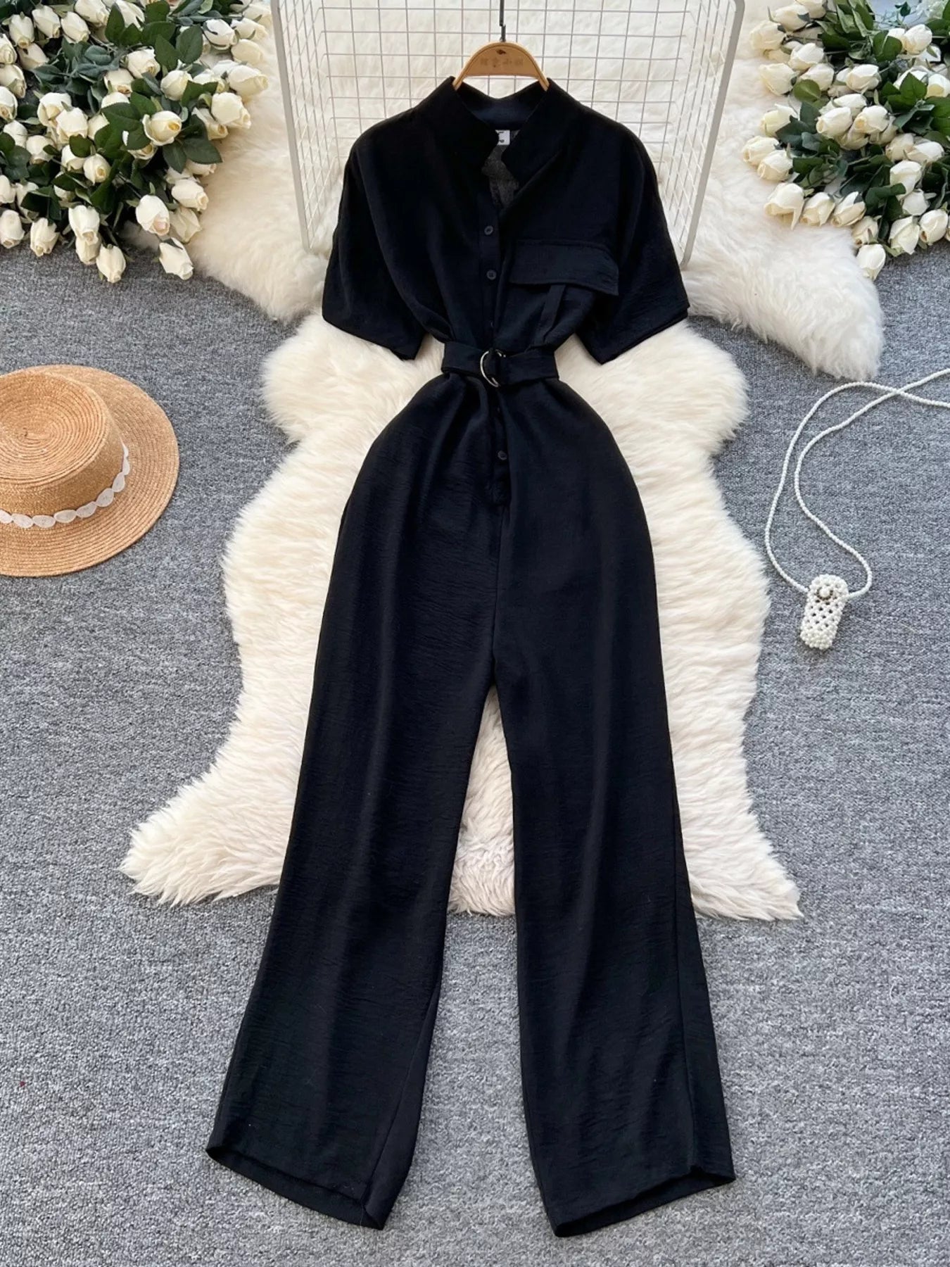 Button Front Wide Leg Jumpsuit