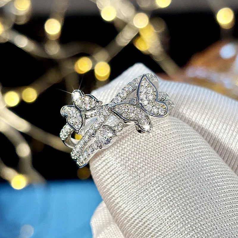 MyClosetAid 925 Sterling Silver Butterfly Ring with Crystals