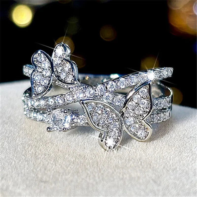 MyClosetAid 925 Sterling Silver Butterfly Ring with Crystals