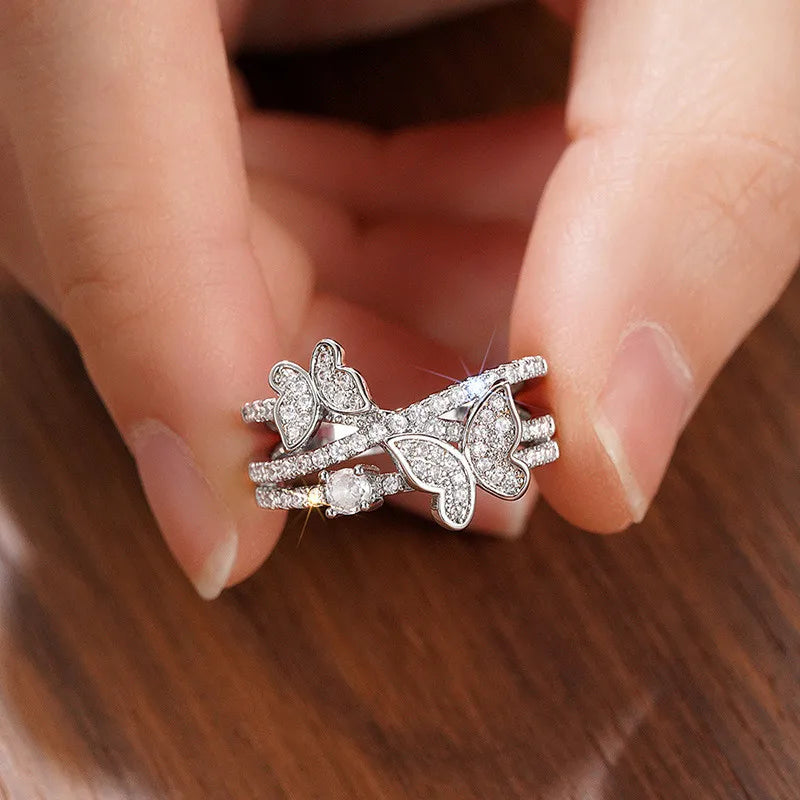 MyClosetAid 925 Sterling Silver Butterfly Ring with Crystals