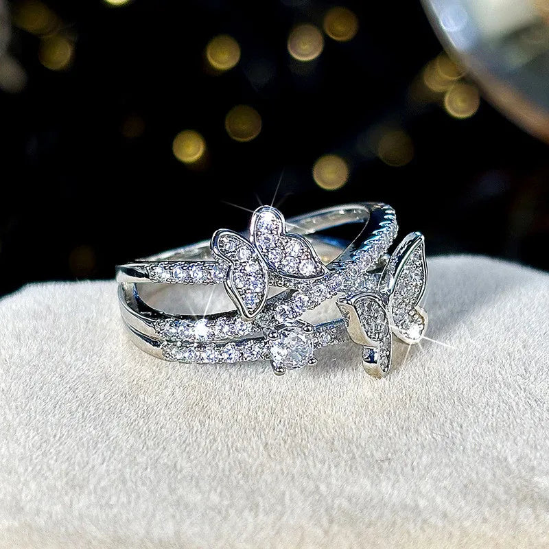 MyClosetAid 925 Sterling Silver Butterfly Ring with Crystals
