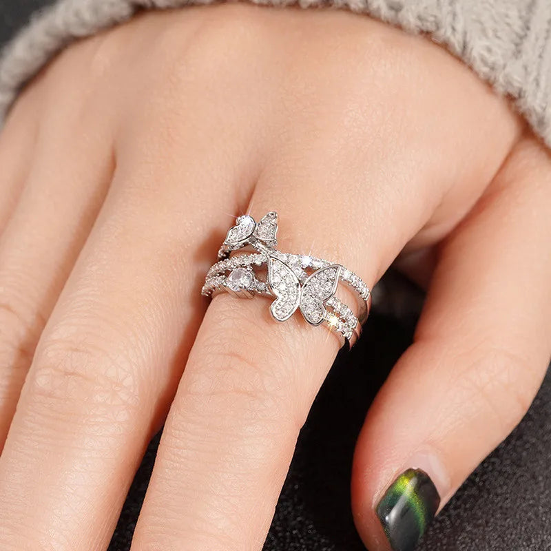 MyClosetAid 925 Sterling Silver Butterfly Ring with Crystals
