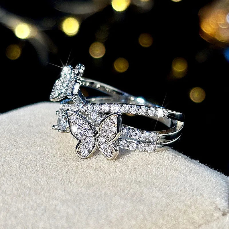 MyClosetAid 925 Sterling Silver Butterfly Ring with Crystals
