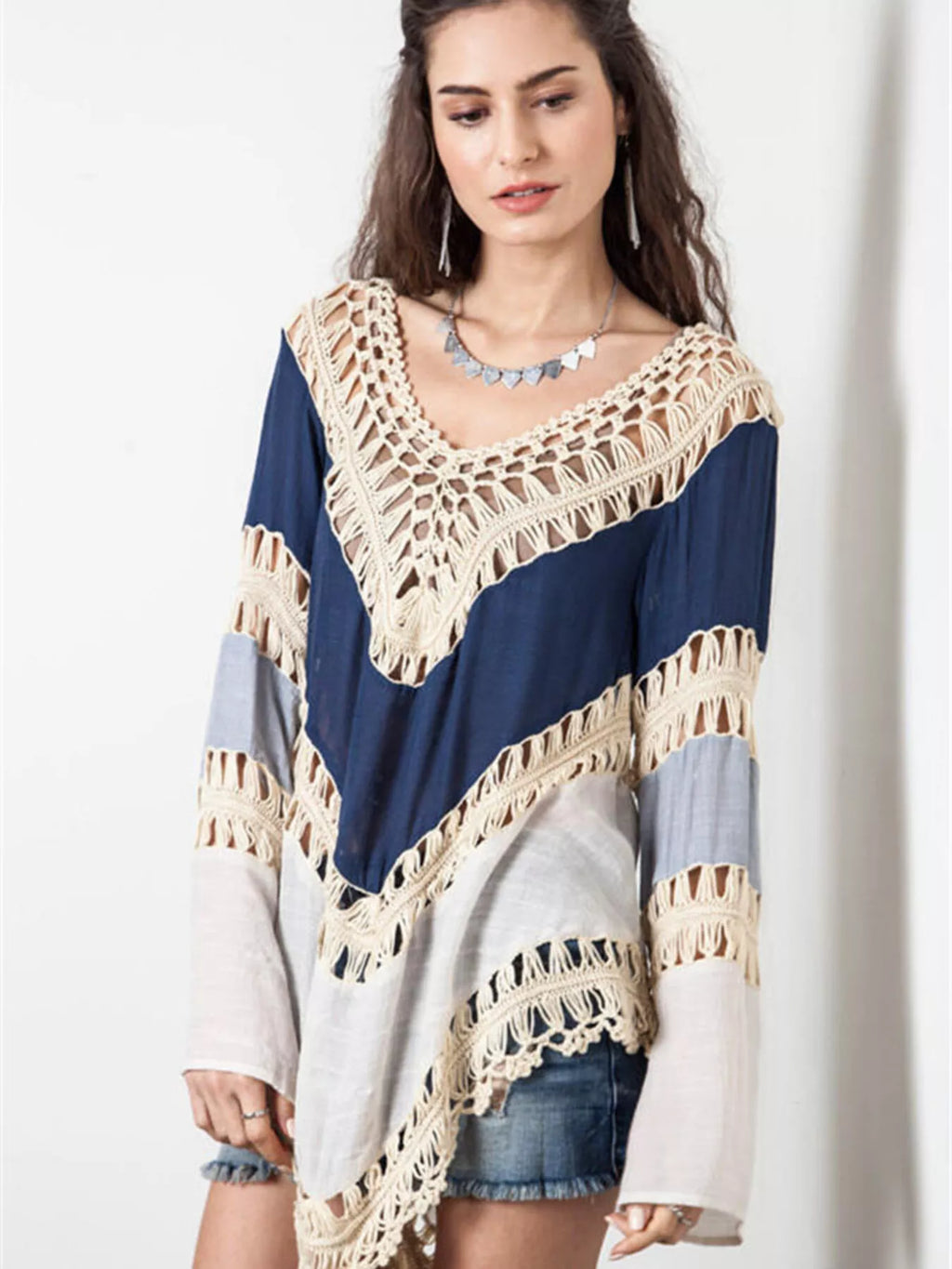 Crochet Trimmed Long Sleeve Cover Up