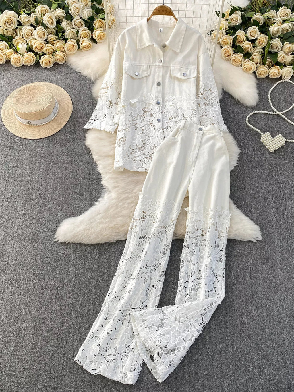 Lace Patchwork Shacket and Pants Set