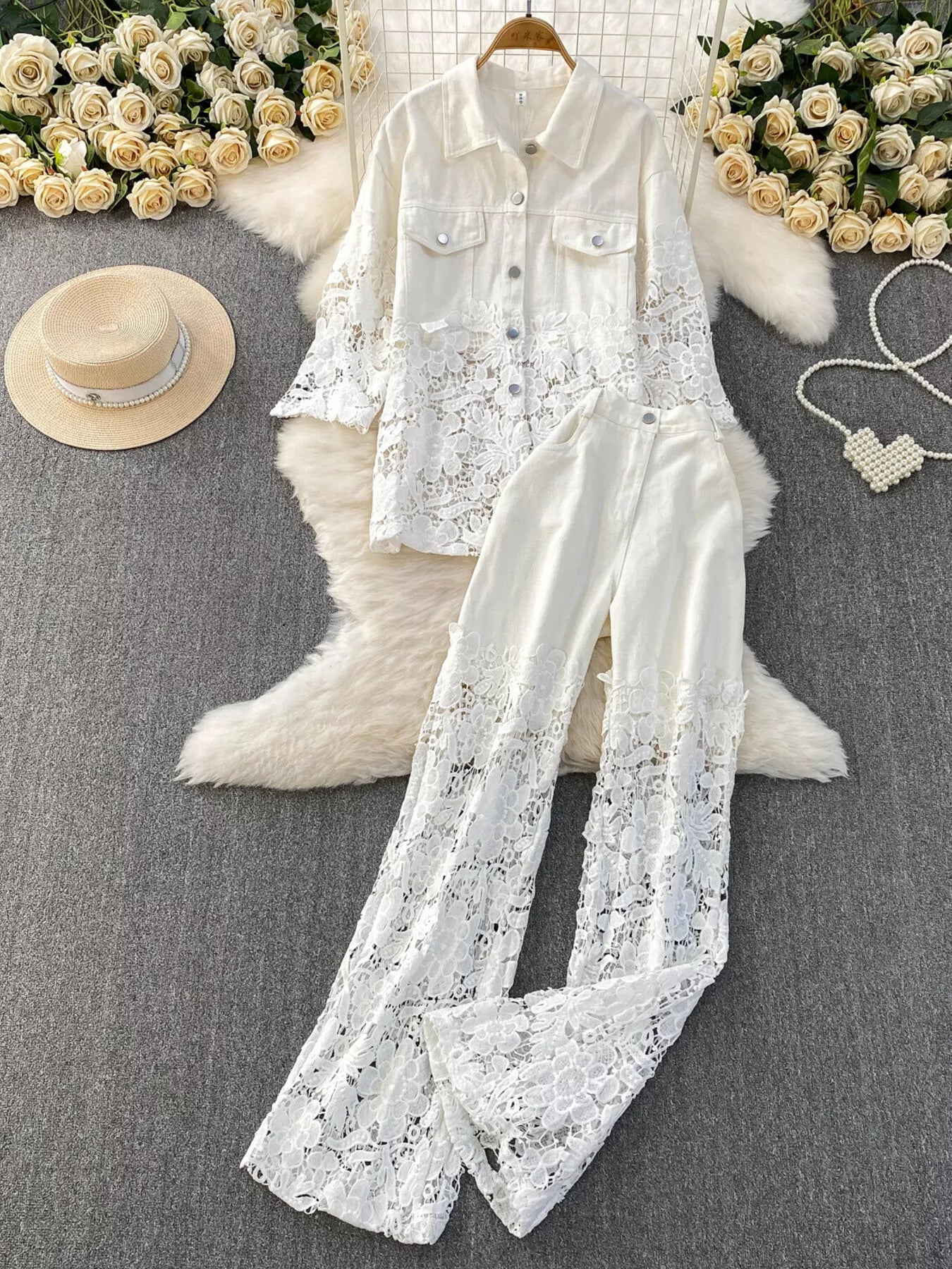 Lace Patchwork Shacket and Pants Set