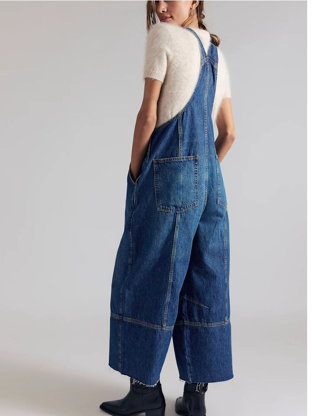 Raw Hem Wide-Leg Denim Overalls