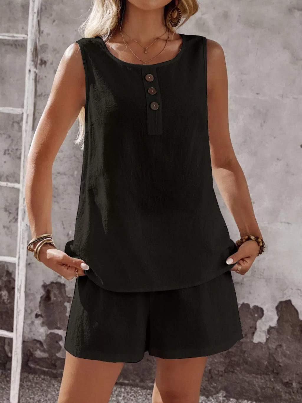 Decor Button Round Neck Tank and Shorts Set