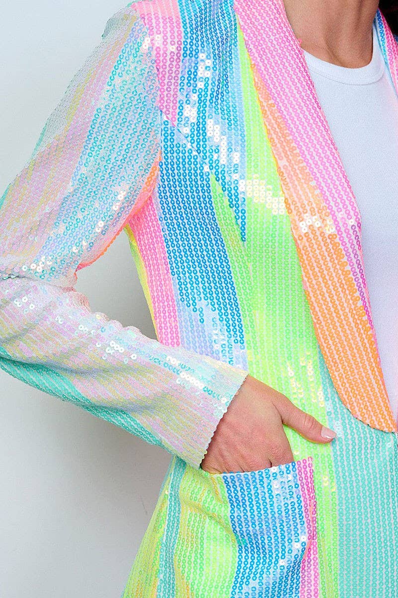 Pretty Little Patriot Pretty Little Patriot Pastel Rainbow Sequin Blazer — Pretty Little Patriot branding close-up