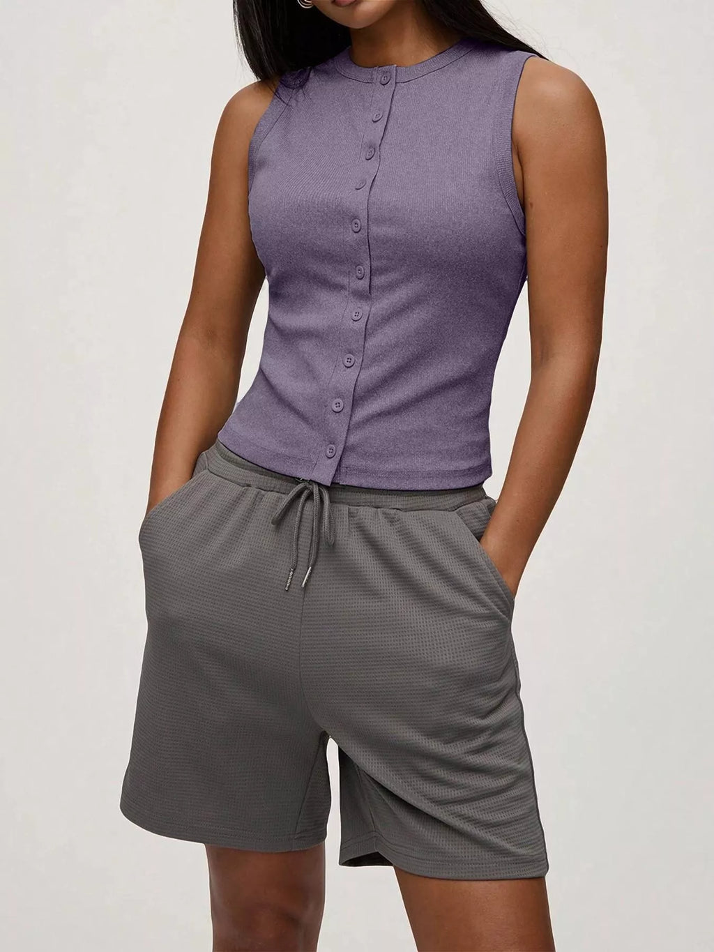 Ribbed Button-Front Sleeveless Tank