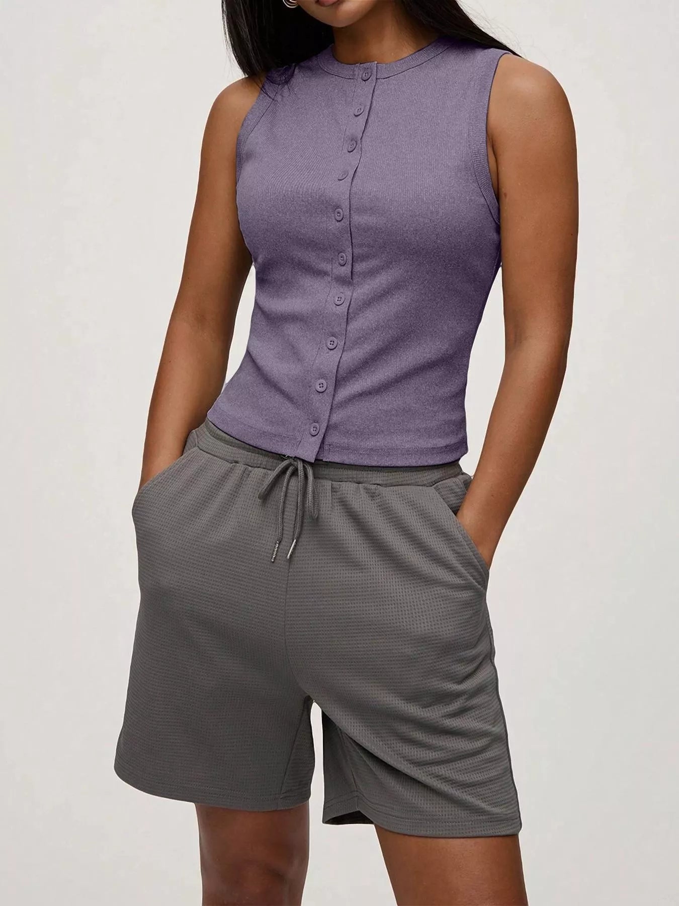 Ribbed Button-Front Sleeveless Tank