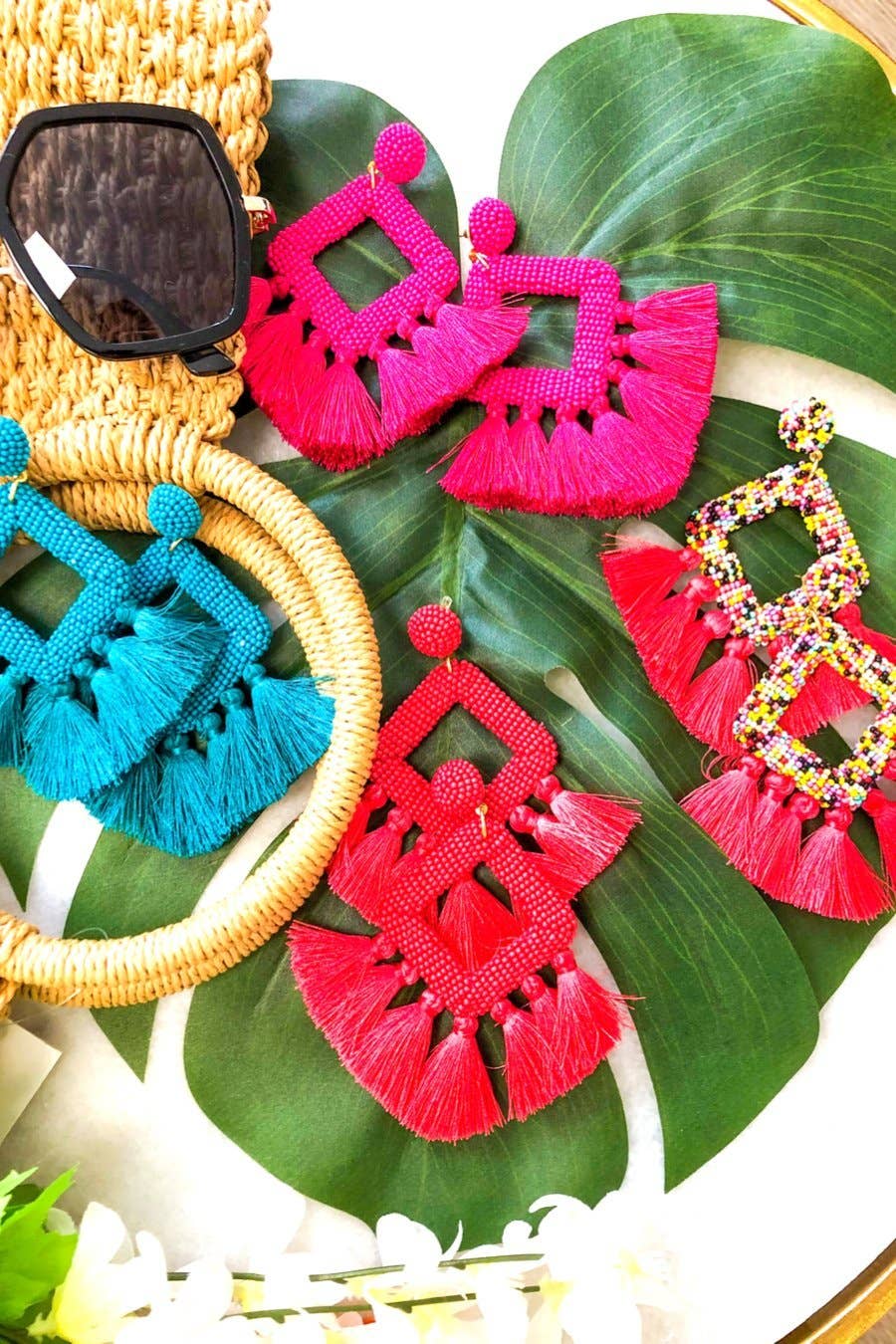 Pretty Little Patriot Pretty Little Patriot Hot Pink Ellie Fringe Drop Earrings — fabric or material detail