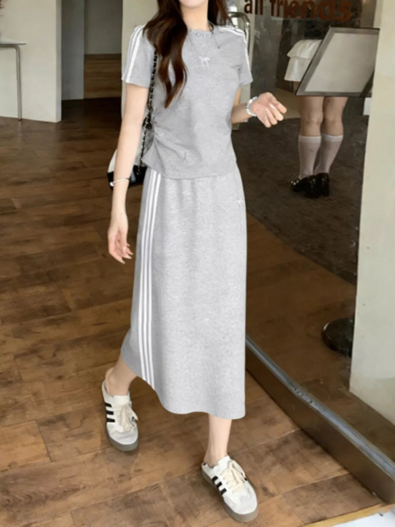 Striped Round Neck Tee and Skirt Set
