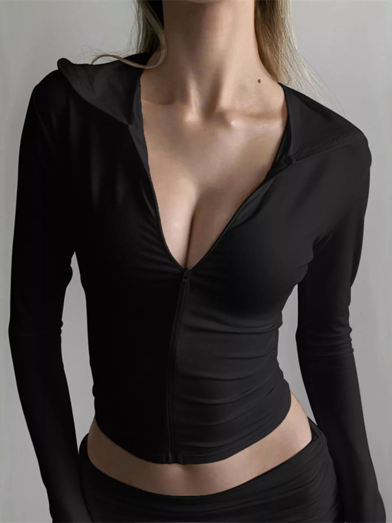 Long Sleeve Zip-Up Hoodie and Ruched Shorts Set