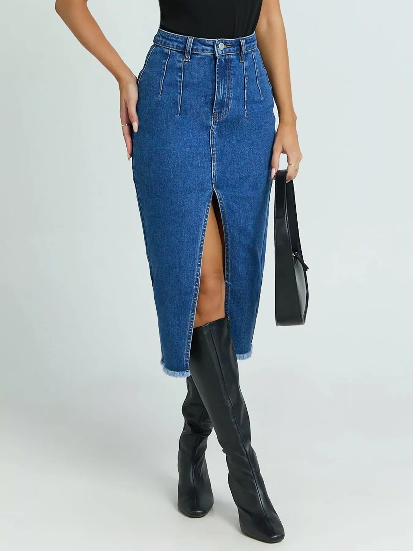 High-Waisted Slit Denim Skirt