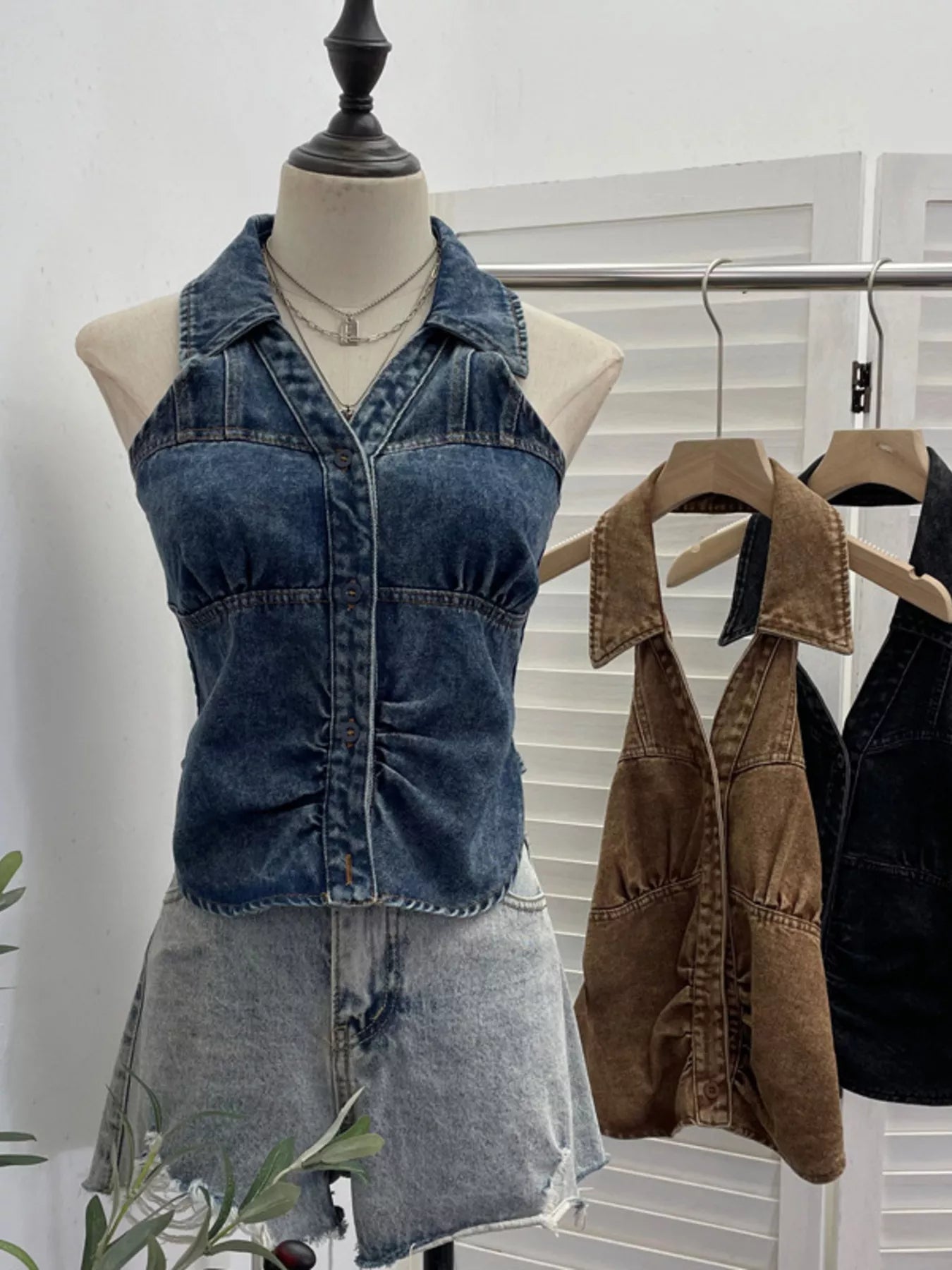 Smocked Denim Halter Collar Top
