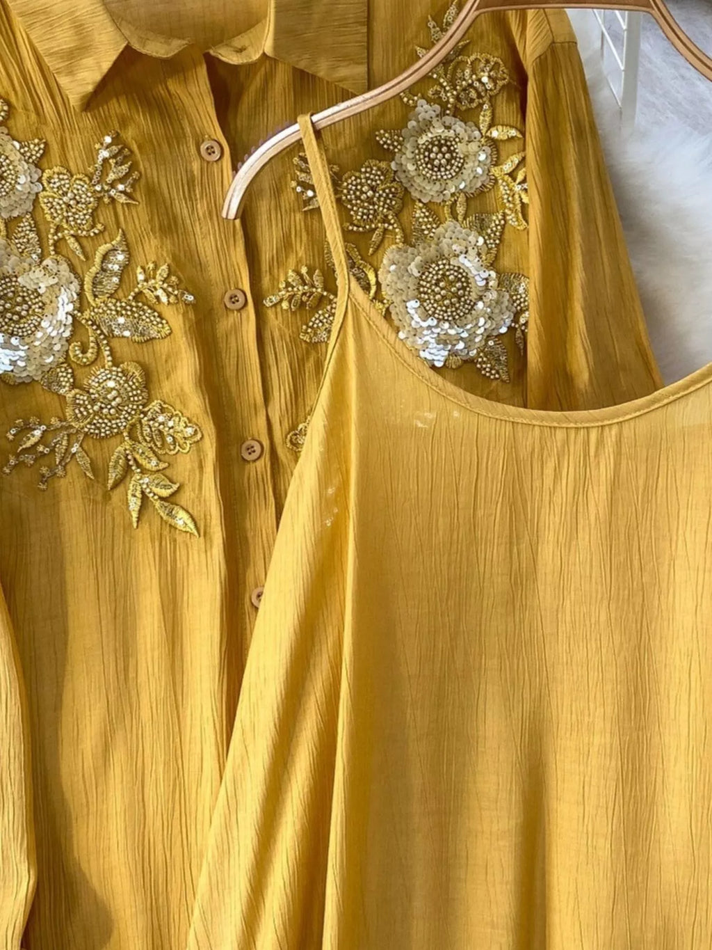 Sequin Flower Button Up Shirt and Cami Dress Set