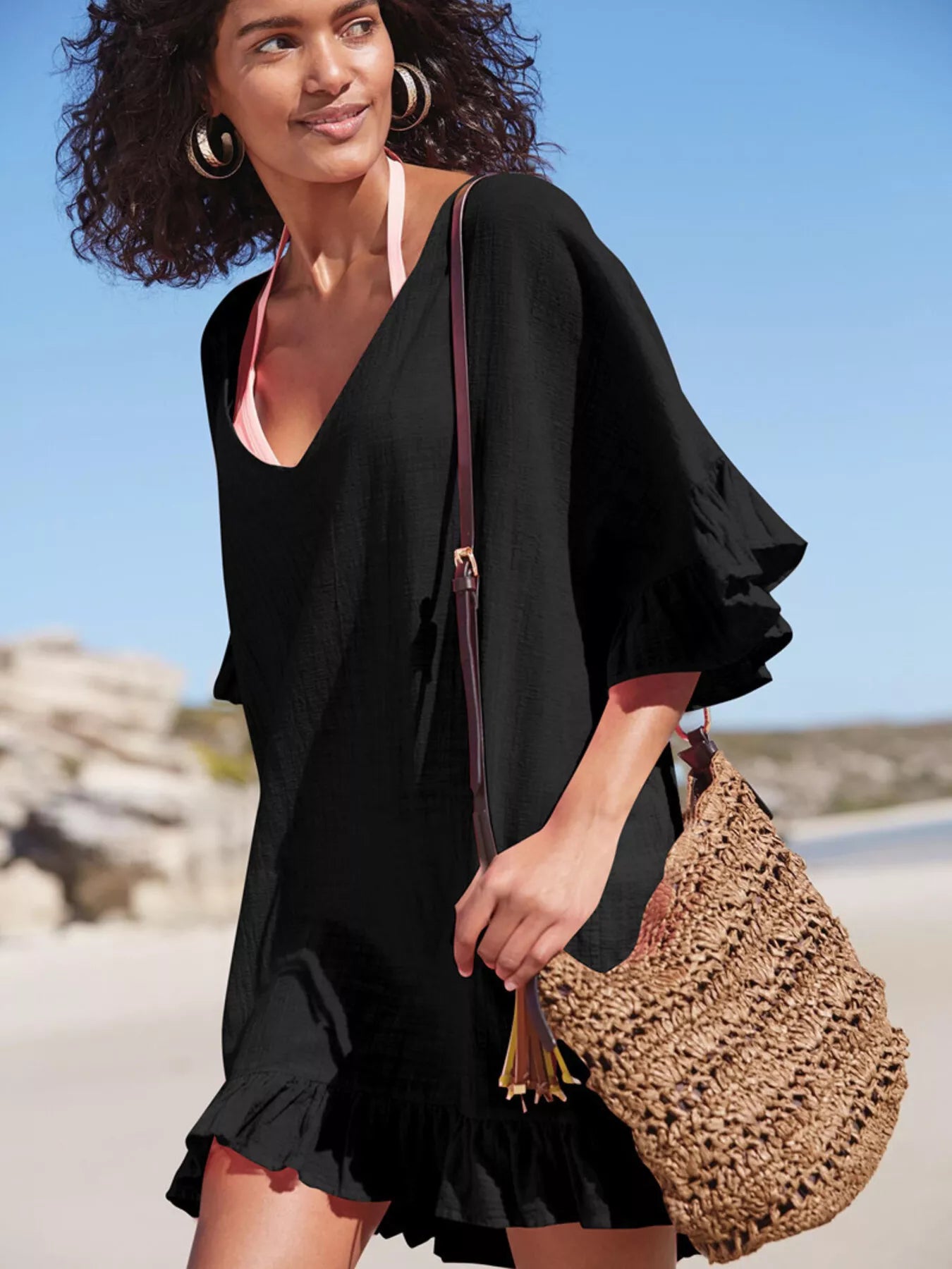 Ruffled Trim V-Neck Cover-Up Dress
