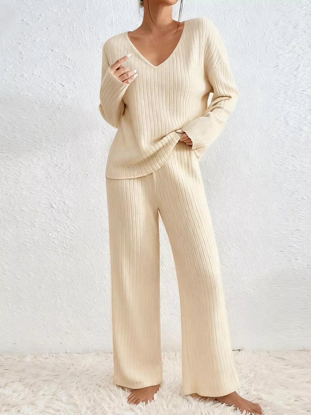 Ribbed Knit V-Neck Top and Pants Set