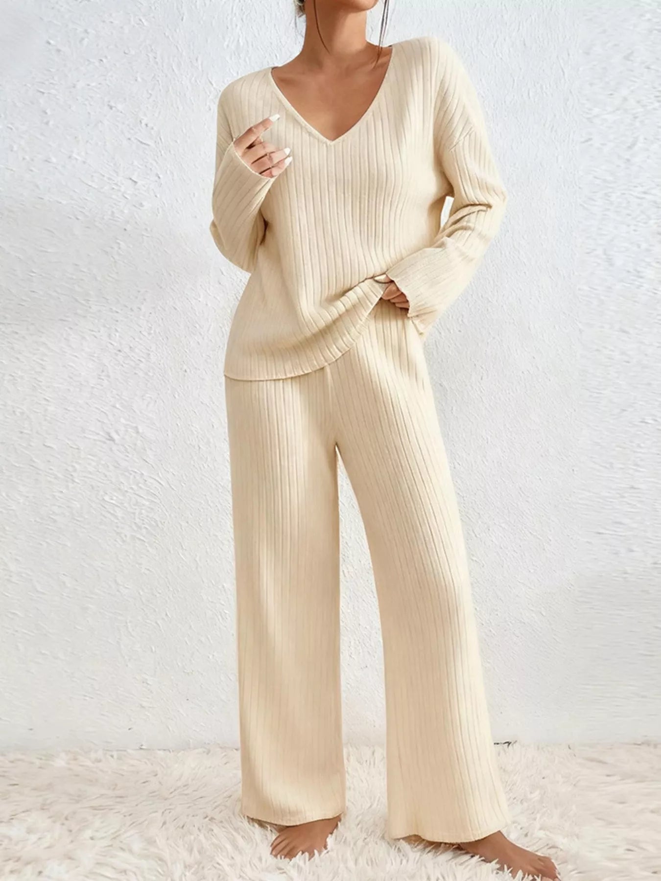 Ribbed Knit V-Neck Top and Pants Set