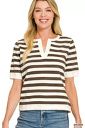 Zenana Split Neck Stripe Short Sleeve Sweater