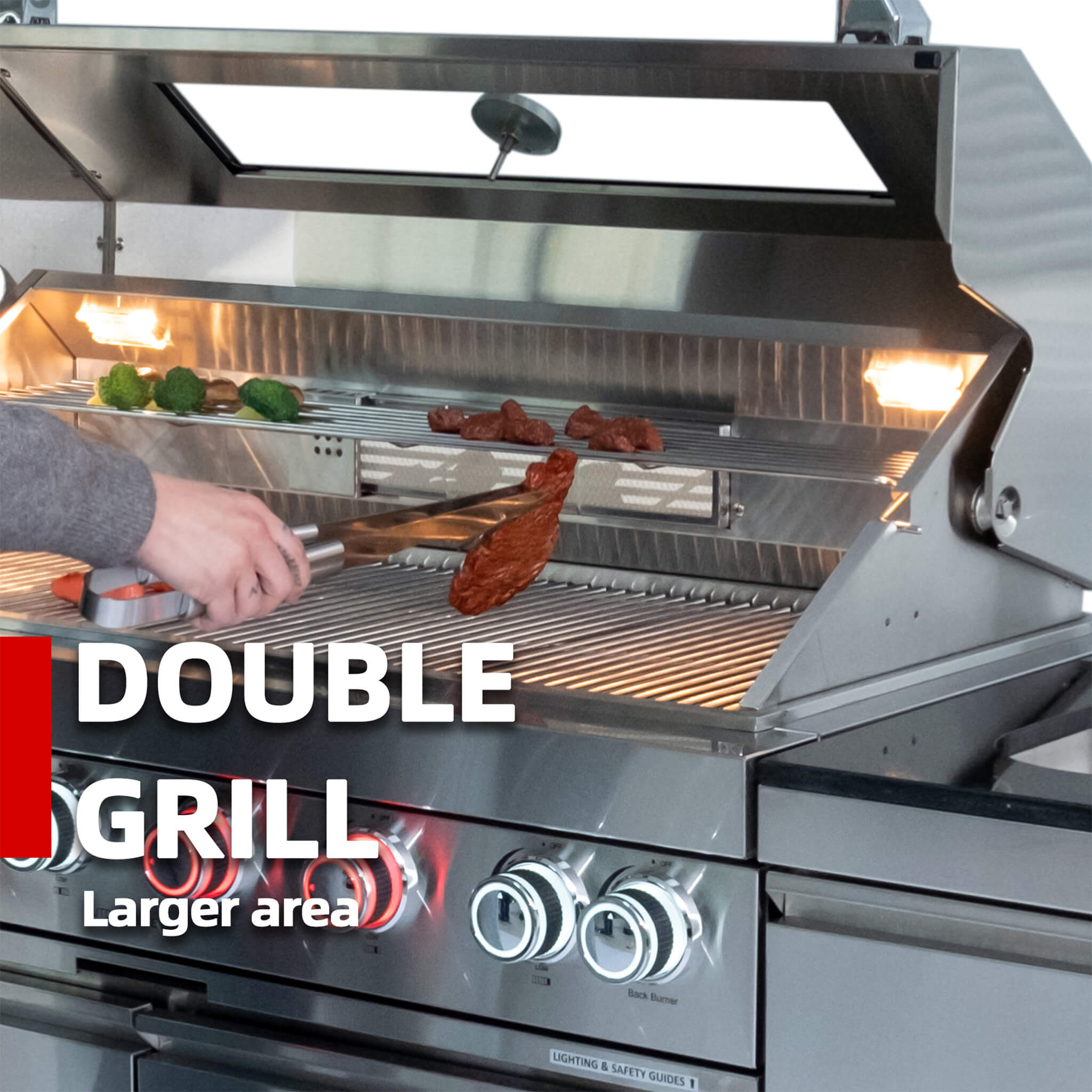 Castelle Flame Astoria 94-Inch 6-Burner 85K BTU Outdoor Kitchen Grill Island With Wine Cooler, Rotisserie, Cabinets, And Gran