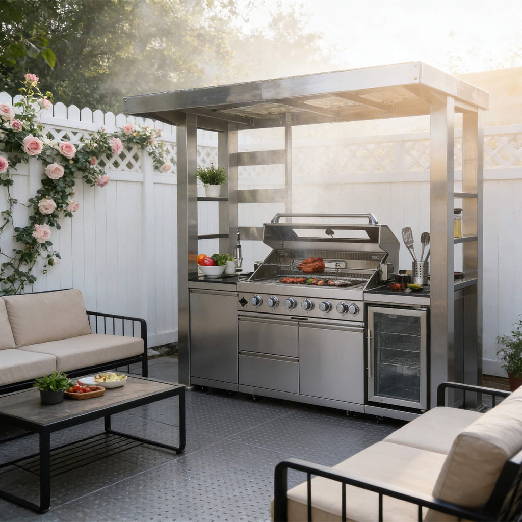 Castelle Flame Astoria 94-Inch 6-Burner 85K BTU Outdoor Kitchen Grill Island With Wine Cooler, Rotisserie, Cabinets, And Gran