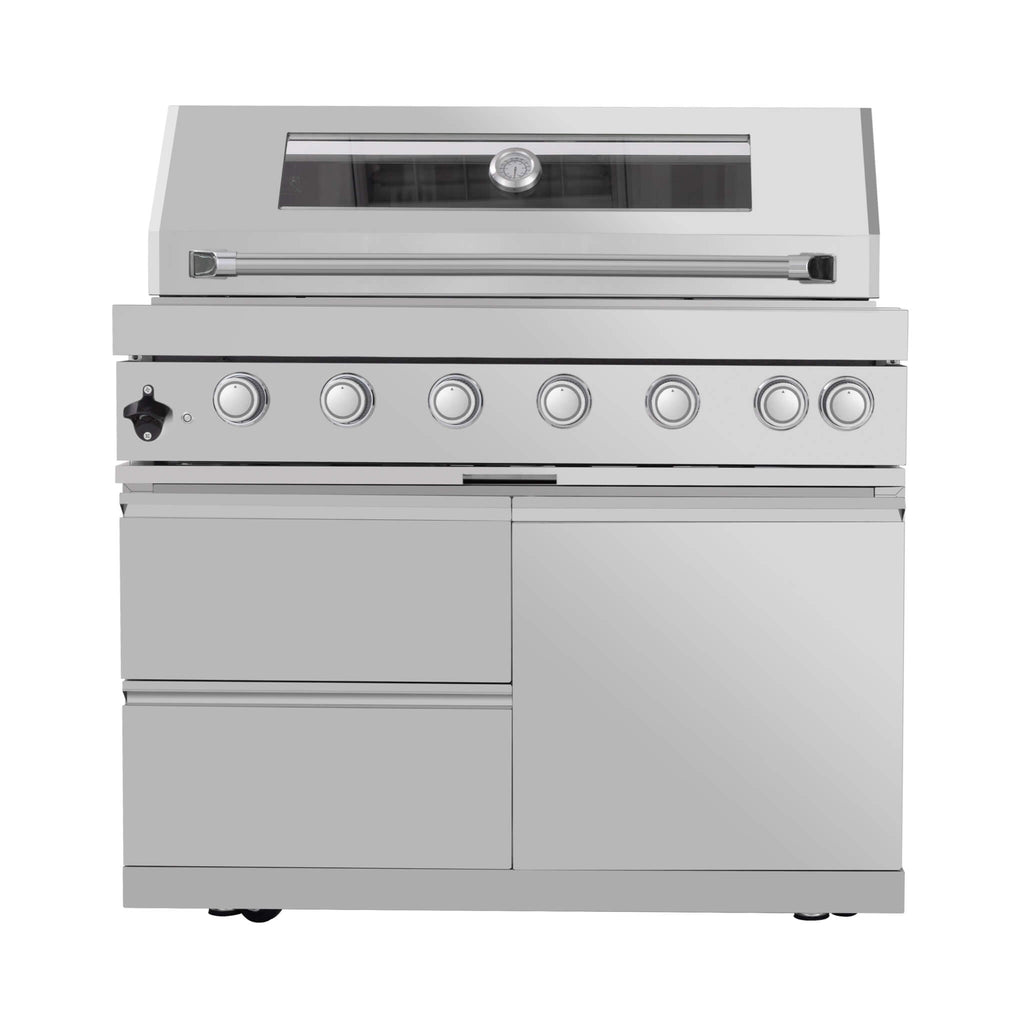 Castelle Flame Astoria 94-Inch 6-Burner 85K BTU Outdoor Kitchen Grill Island With Wine Cooler, Rotisserie, Cabinets, And Gran