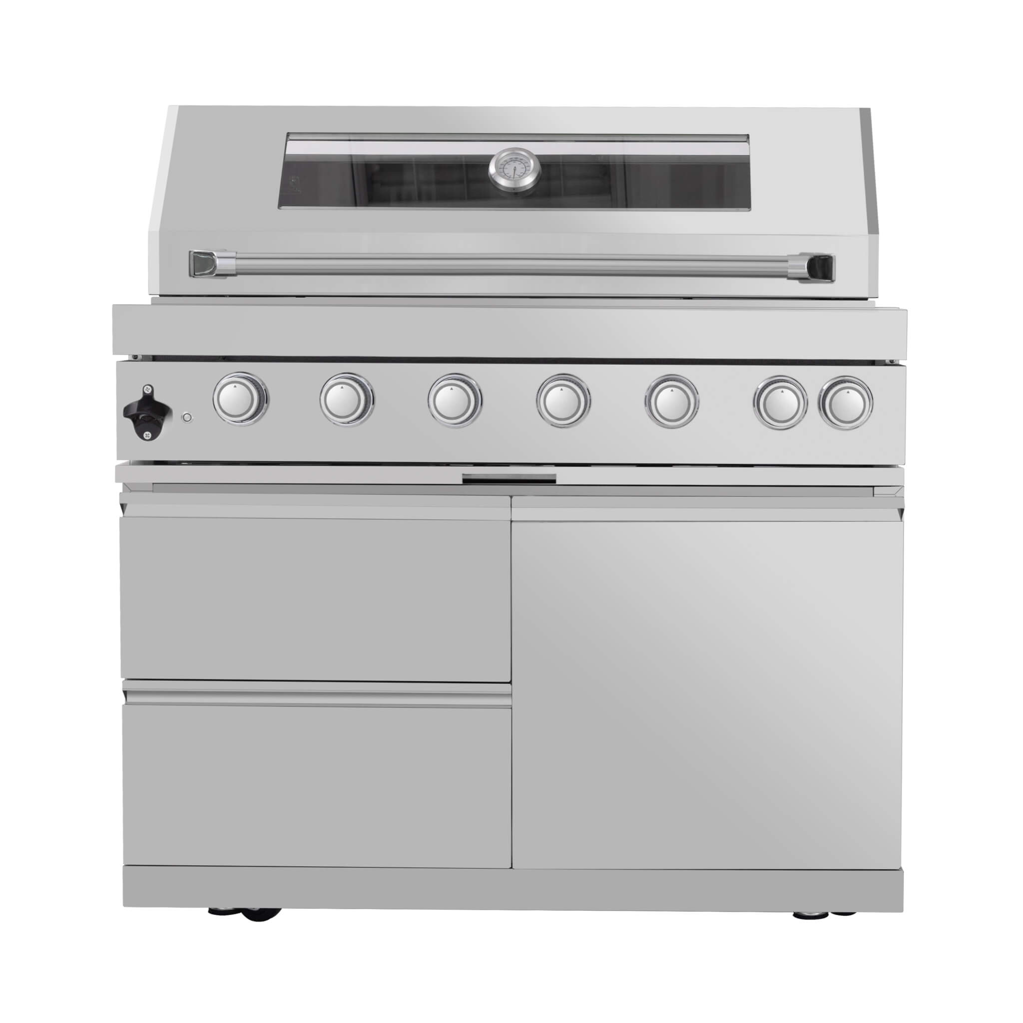 Castelle Flame Astoria 94-Inch 6-Burner 85K BTU Outdoor Kitchen Grill Island With Wine Cooler, Rotisserie, Cabinets, And Gran