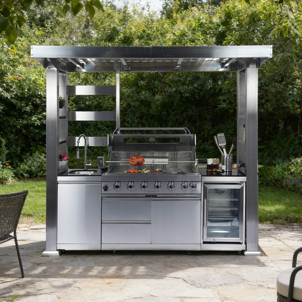 Castelle Flame Astoria 94-Inch 6-Burner 85K BTU Outdoor Kitchen Grill Island With Wine Cooler, Rotisserie, Cabinets, And Gran