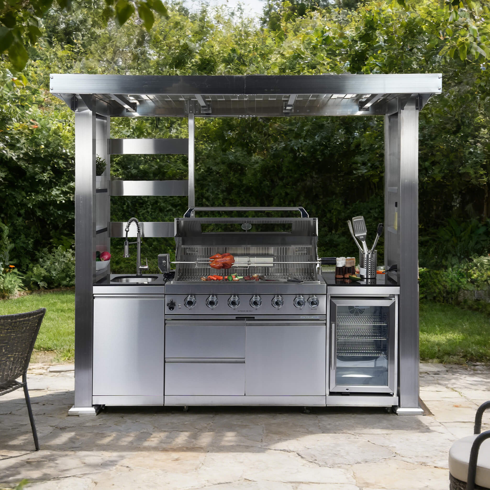 Castelle Flame Astoria 94-Inch 6-Burner 85K BTU Outdoor Kitchen Grill Island With Wine Cooler, Rotisserie, Cabinets, And Gran