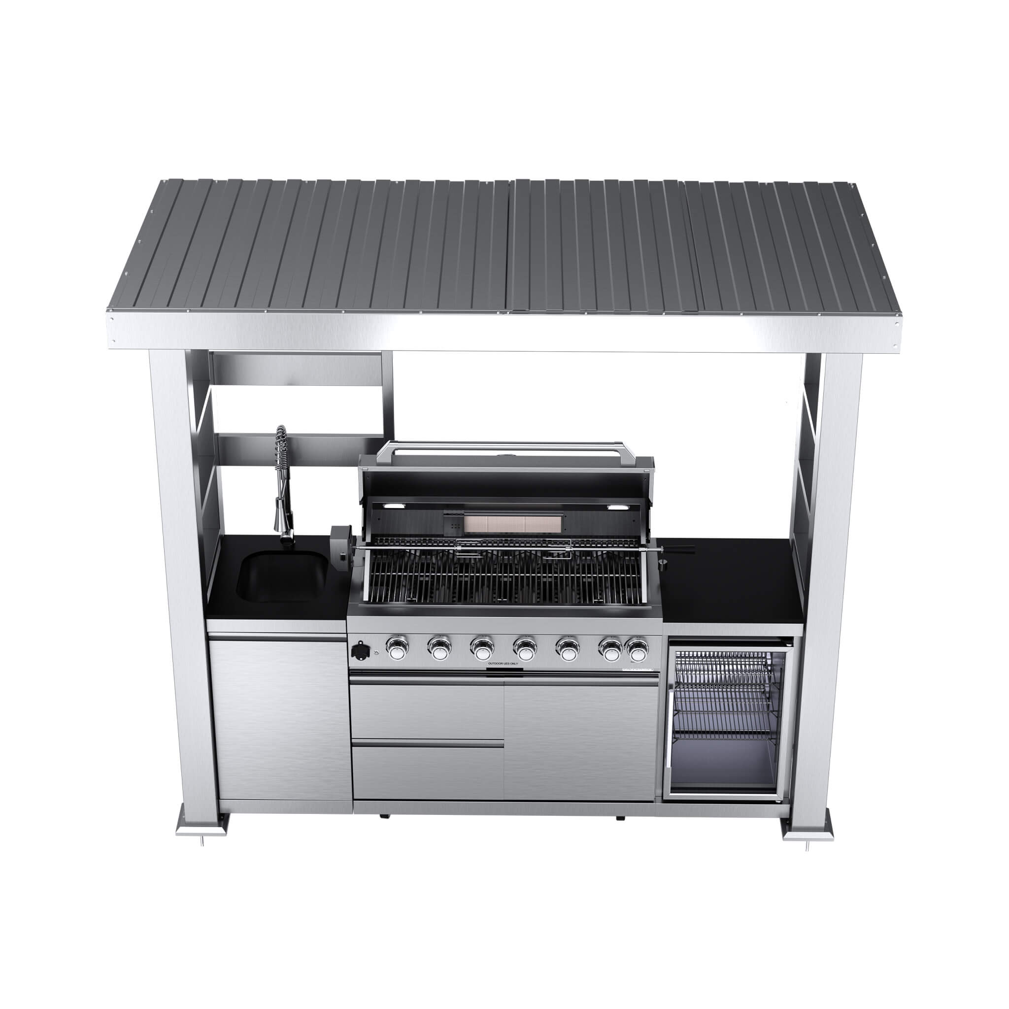 Castelle Flame Astoria 94-Inch 6-Burner 85K BTU Outdoor Kitchen Grill Island With Wine Cooler, Rotisserie, Cabinets, And Gran