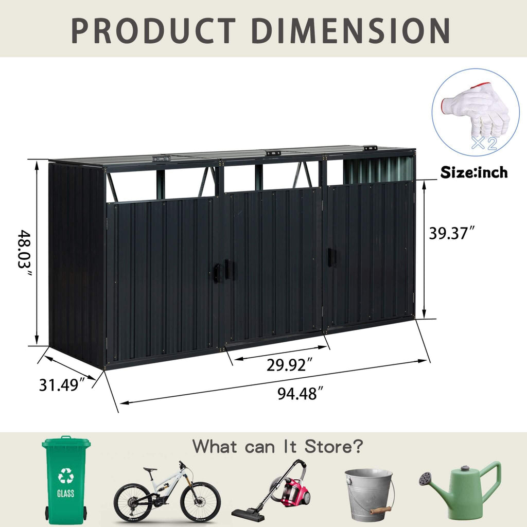 94-Inch Heavy-Duty Outdoor Galvanized Stainless Steel Garbage Bin Shed For 3 Trash Cans (SAK89882) – SAKSBY WHOLESALE, view 9