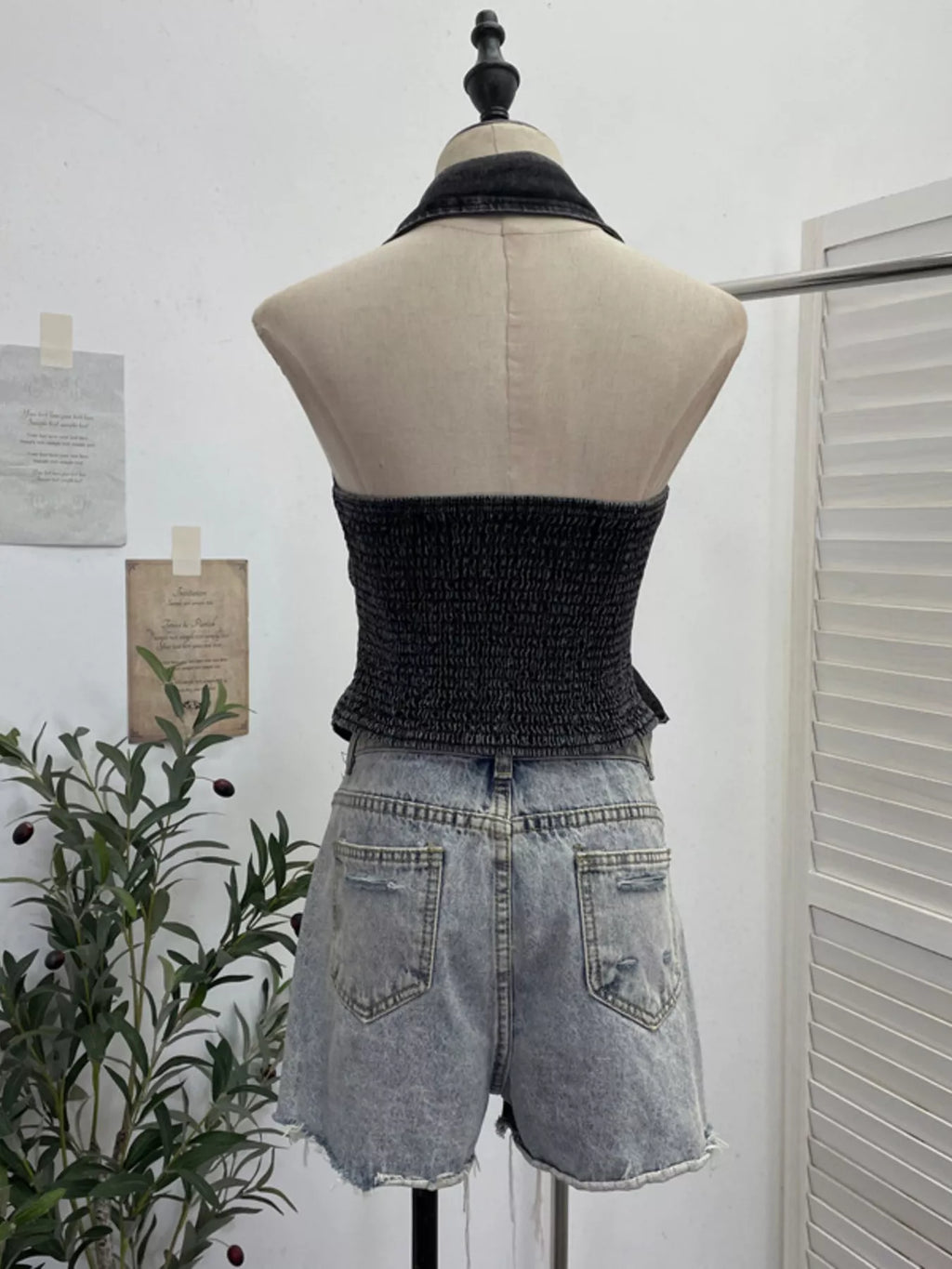 Smocked Denim Halter Collar Top