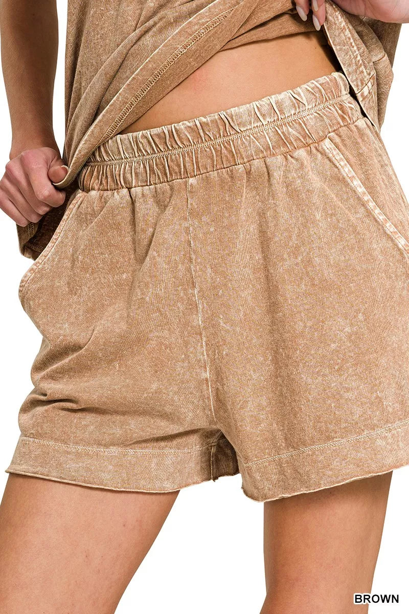 Zenana Halo Snow Washed Exposed Seam Top & Shorts Set