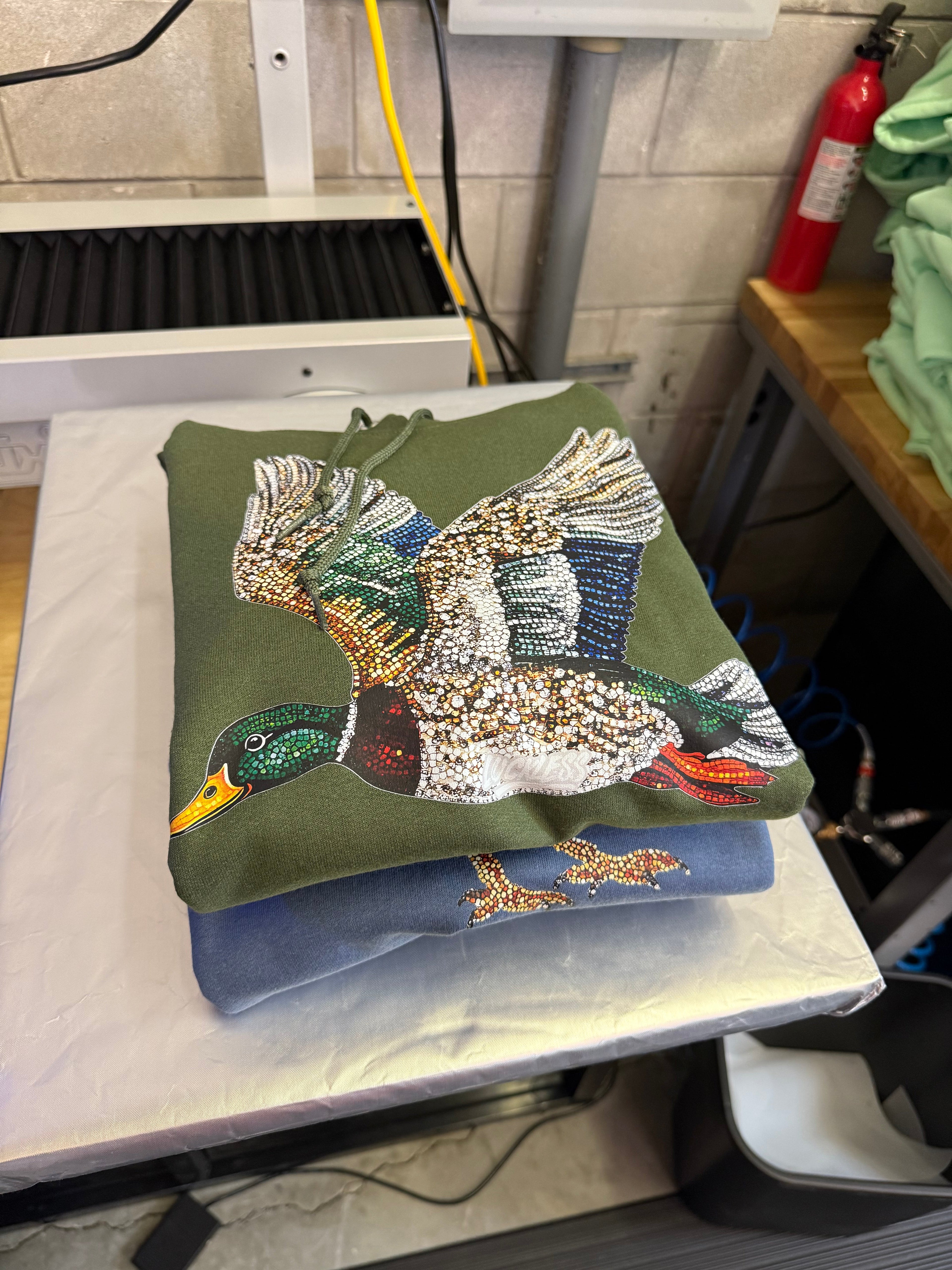 Luckless Outfitters Faux Rhinestone Mallard Duck Hoodie — detail close-up