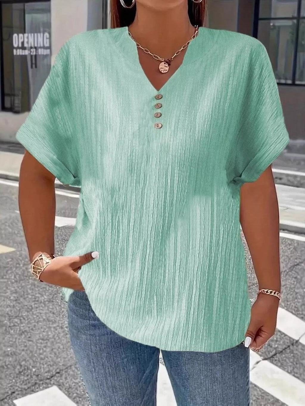 Plus Size Notched Short Sleeve Textured Top