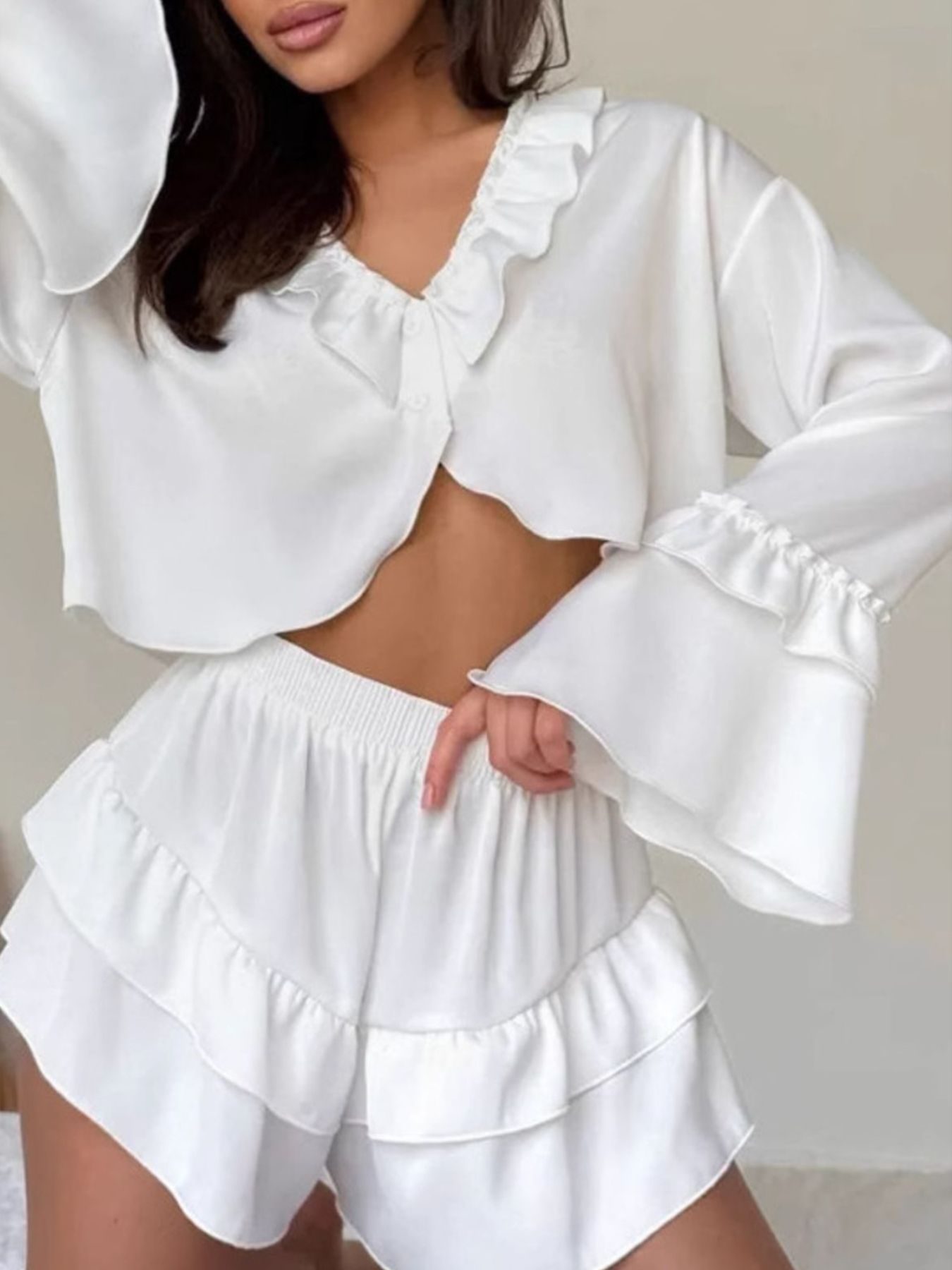 Ruffled V-Neck Top and Shorts Set