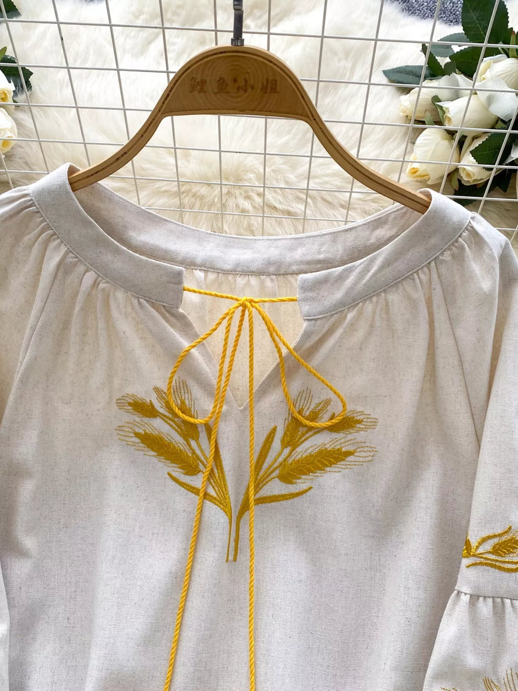 Embroidered Wheat Pattern Tie Neck Blouse