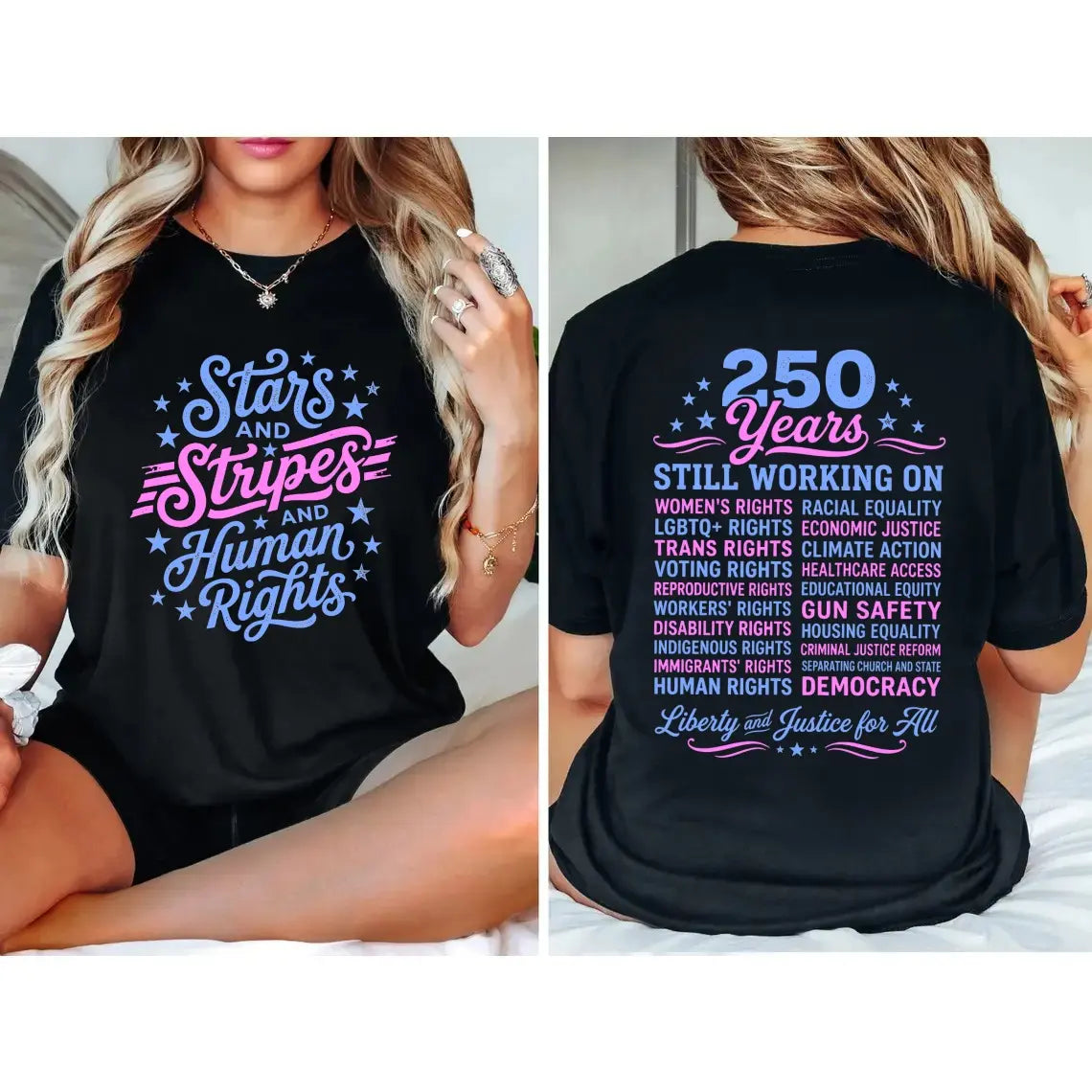 "Stars and Stripes and Human Rights" T-Shirt – America 250th Anniversary Social Justice Patriotic Graphic Tee