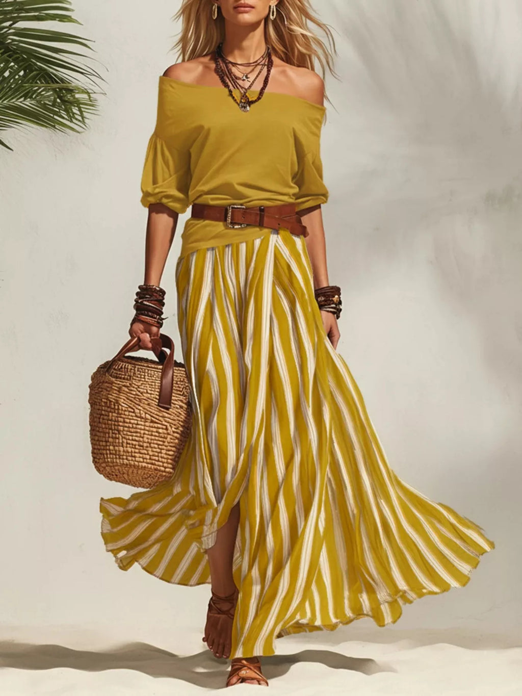 Off Shoulder Top and Striped Maxi Skirt Set