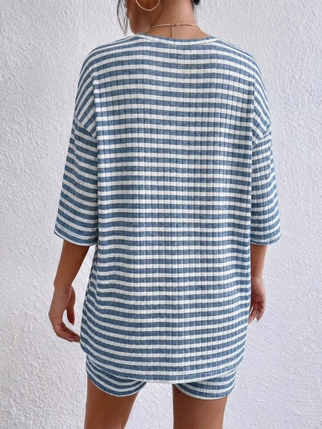 Striped Round Neck Top and Shorts Set