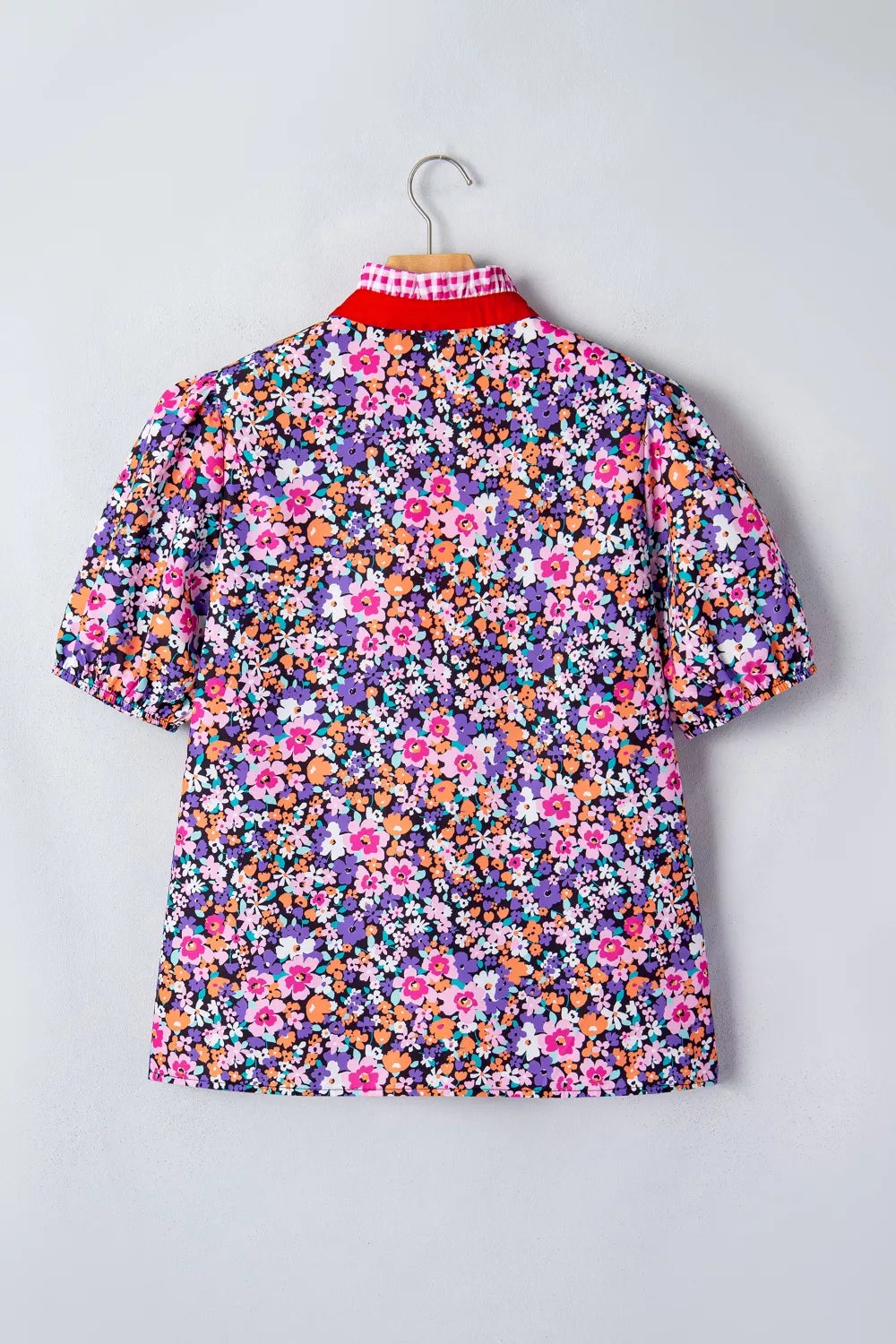 Ditsy Floral Print Plaid Colorblock Trim V Neck Blouse
